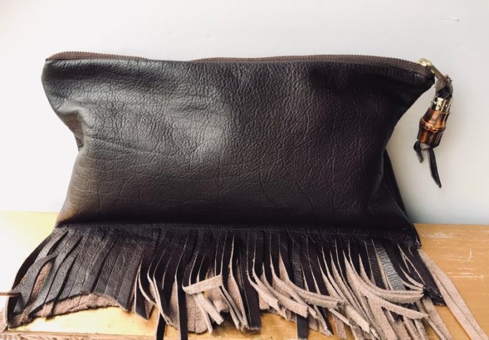 CHOCOLATE BROWN GENUINE LEATHER CLUTCH WITH FRINGE