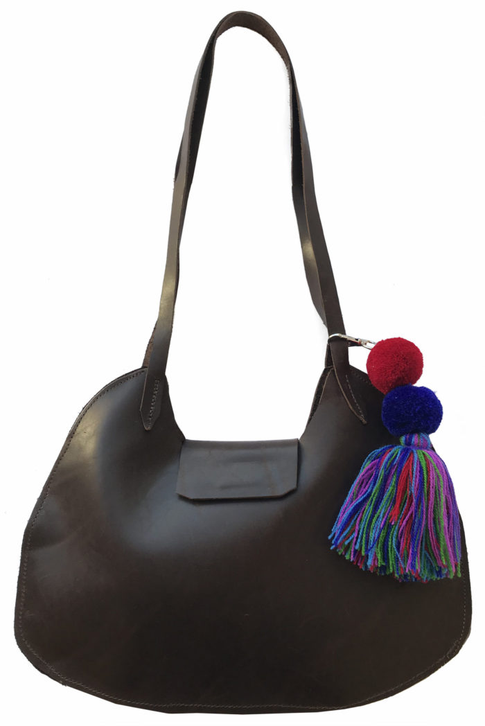 GABBY SHOULDER BAG IN CHOCOLATE LEATHER WITH POM POM TASSEL