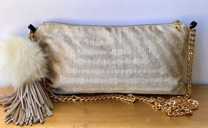 LUXE VELVET CROSSBODY BAG WITH POM POM TASSEL IN CREME AND GOLD WITH CREME TASSEL